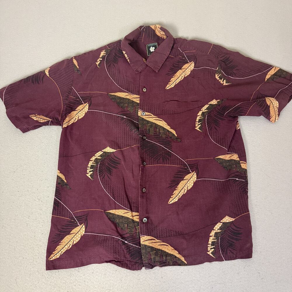 Aureus Silk Cotton Button Up Shirt Mens XL Burgundy Feather Print Short Sleeve